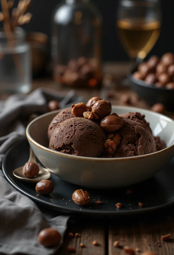 盛り付けられたヘーゼルナッツ・トリュフ・アイスクリーム