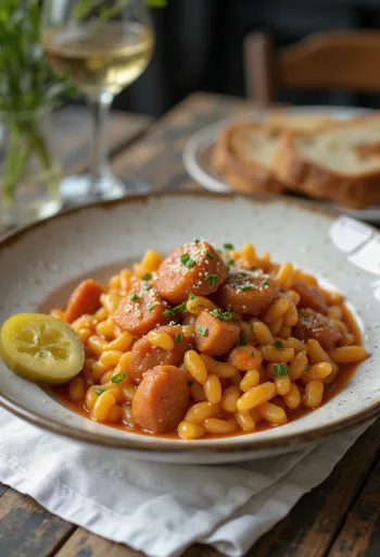 燻製ソーセージとジャガイモ入りの羊飼いのタルホニャ、新鮮なパセリを散らして