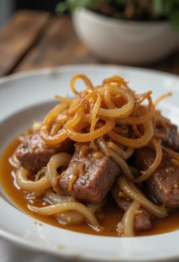 子牛レバーと玉ねぎのソテー、炒めた玉ねぎ添え