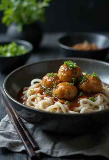 醤油を添えたミートボールとライスヌードル