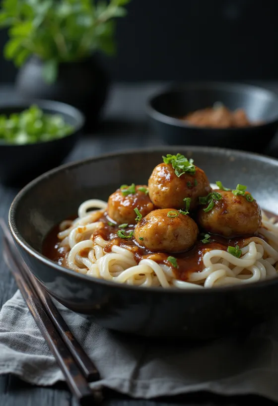 醤油を添えたミートボールとライスヌードル