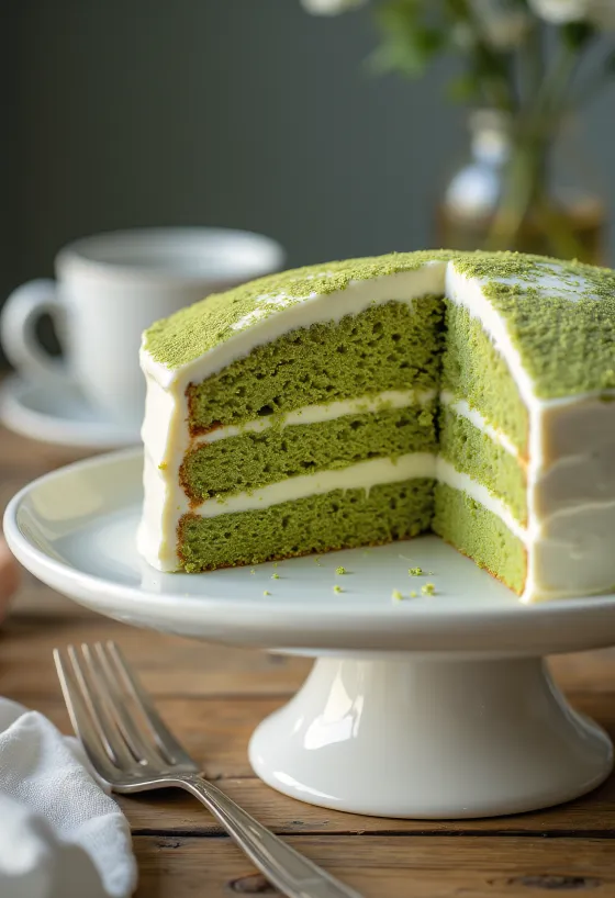 マスカルポーネクリームと抹茶パウダーで飾られた抹茶ケーキ