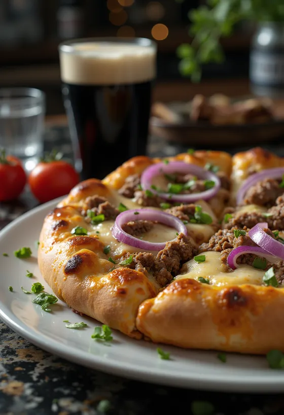 たっぷりの牛肉と溶けたチェダーチーズのアイリッシュ・スタイル・ピザ