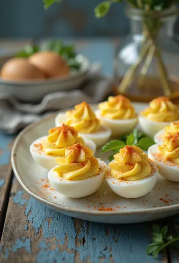 新鮮なハーブとパプリカを飾ったデビルドエッグ