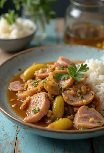 ジューシーな豚肉、燻製ソーセージ、ピクルスで作った肉屋風トカーニ。