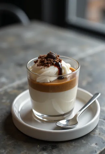 盛り付けられたコーヒーソースのパンナコッタ