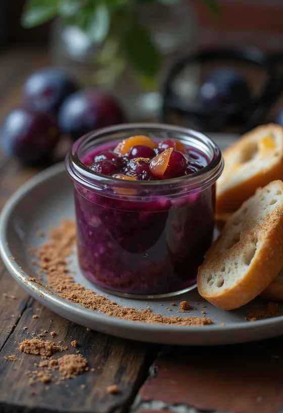 盛り付けられたシナモンとプラムのオレンジソース