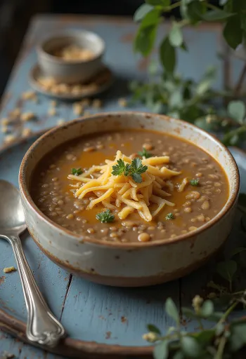 盛り付けられた燻製チーズとレンズ豆のクリームスープ