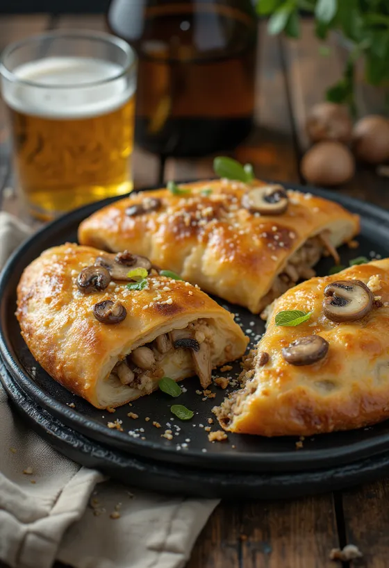 焼きたてのきのことニンニクのカルツォーネ