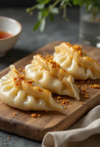 醤油だれの小皿を添えた生姜餃子