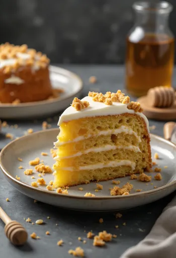 クリームの層とケーキクラムで飾られたロシア風ハニーケーキ