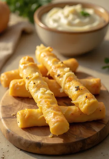 きつね色に焼けたカリカリのチーズスティック、おろしチーズがたっぷりかかっている