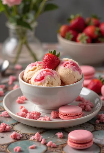 盛り付けられたマカロンストロベリーアイスクリーム