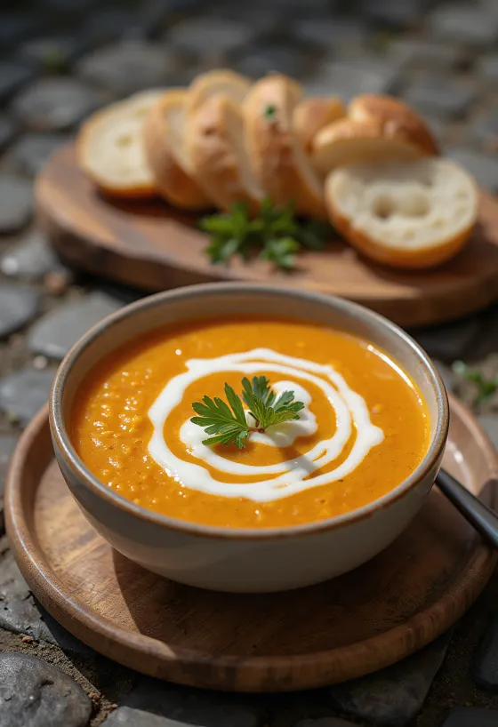 盛り付けられたクリーミーなレンズ豆のクリームスープ