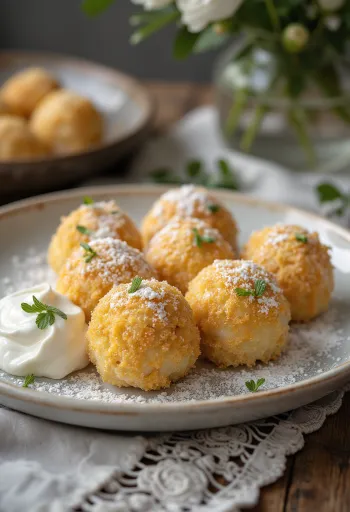 甘いサワークリームと炒めたパン粉をかけた柔らかいカッテージチーズのダンプリング。