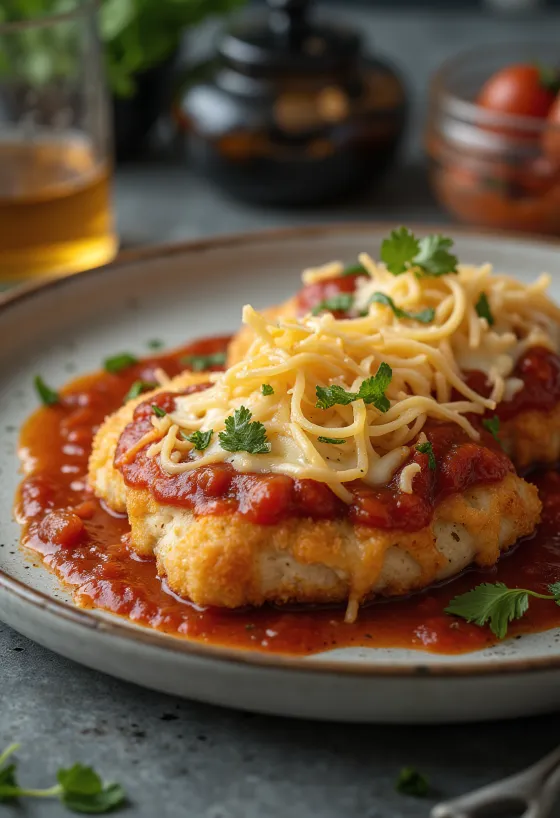 パスタと新鮮なバジルを添えたチキン・パルミジャーナ