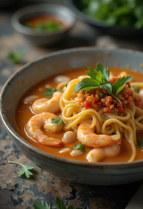 クラシック・ラクサ、鶏肉、麺、新鮮な野菜が入ったスパイシーなココナッツベースのスープ。