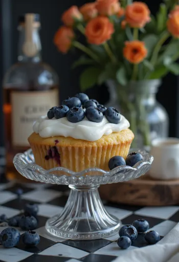 焼きたてのブルーベリーとラム酒のカップケーキ