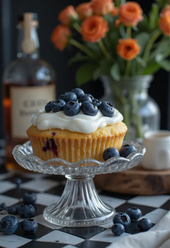 焼きたてのブルーベリーとラム酒のカップケーキ