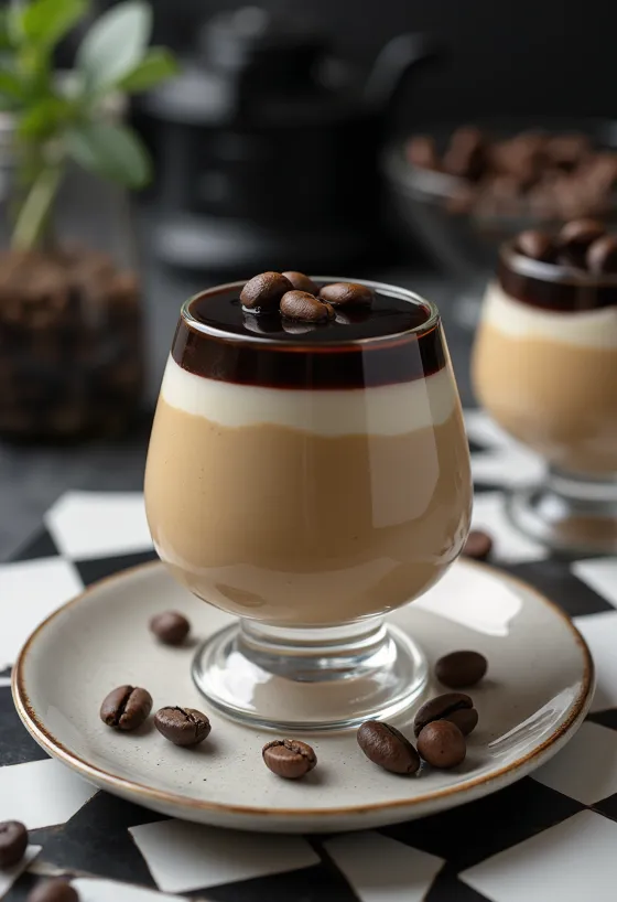 ココアパウダーと生クリームで飾られたコーヒーパンナコッタ
