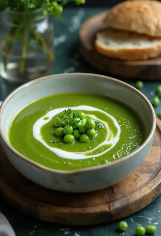 盛り付けられたクリーミーなミント風味のグリーンピースクリームスープ