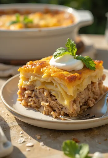 挽肉と米を重ね、サワークリームをかけた伝統的なザワークラウトの重ね焼き。