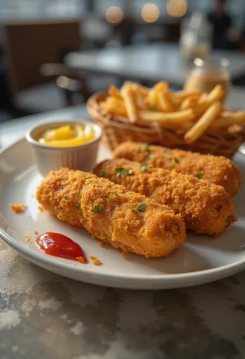 きつね色に揚がったソーセージフライ、カリカリの衣で新鮮なマスタードとケチャップを添えて