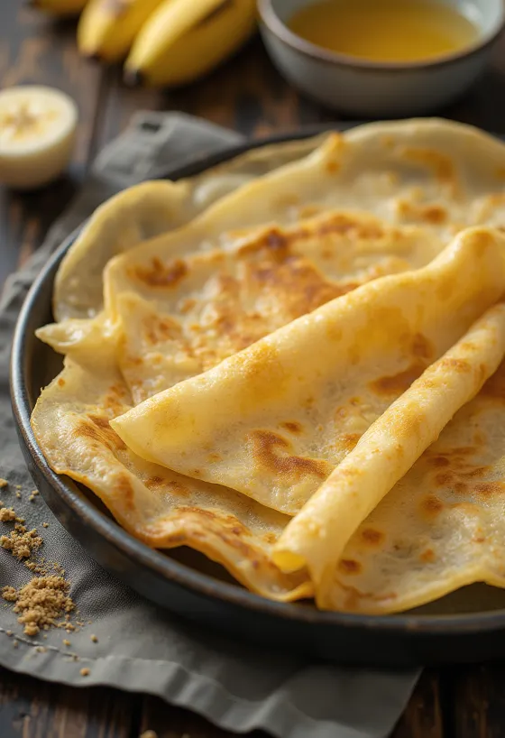 バナナ・ドーサ、カリッと焼きたて、バナナ添え