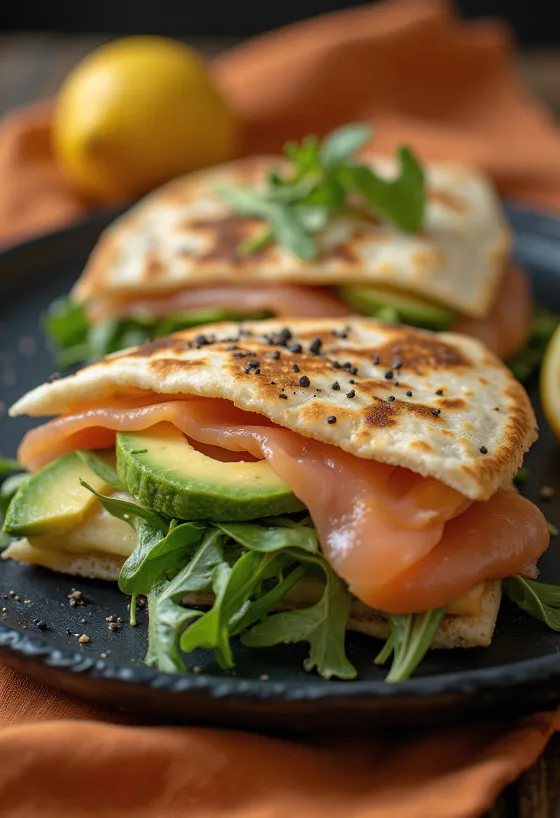 盛り付けられたサーモンとアボカドのピアディーナ