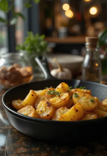 黄金色に焼けた、カリカリのジャガイモのオーブン焼き。新鮮なハーブ添え。