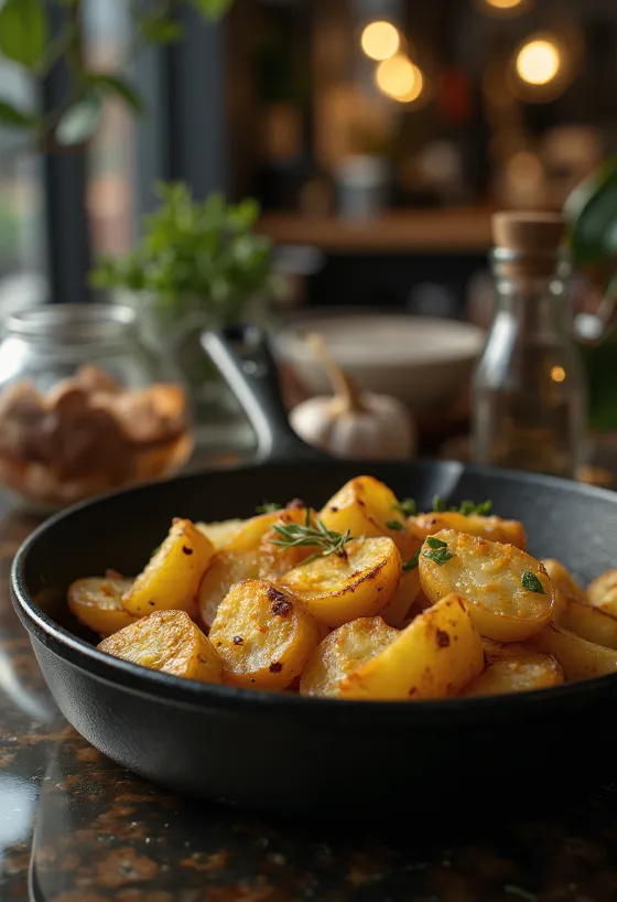 黄金色に焼けた、カリカリのジャガイモのオーブン焼き。新鮮なハーブ添え。