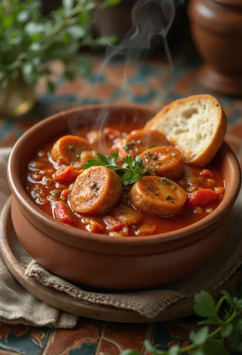 新鮮なパプリカ、トマト、燻製ソーセージを添えたソーセージ入りレチョー