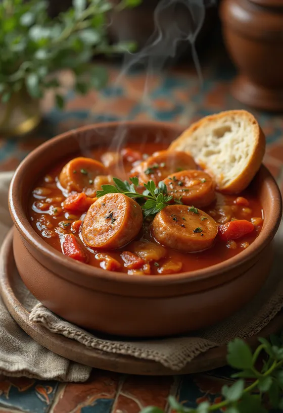新鮮なパプリカ、トマト、燻製ソーセージを添えたソーセージ入りレチョー