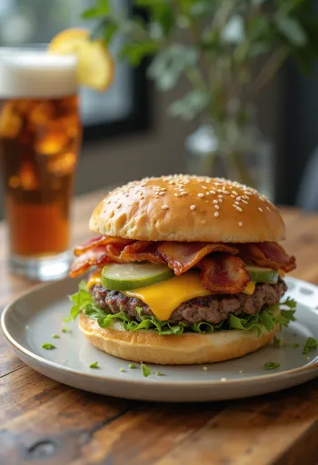 追加のトッピングが乗った出来立ての全部入りハンバーガー