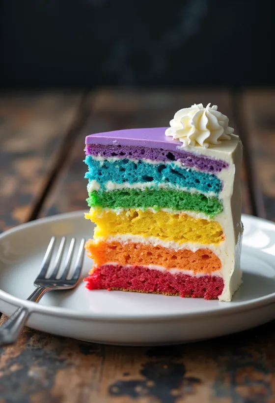 白いフォンダンとカラフルな内部の層を持つレインボーケーキ