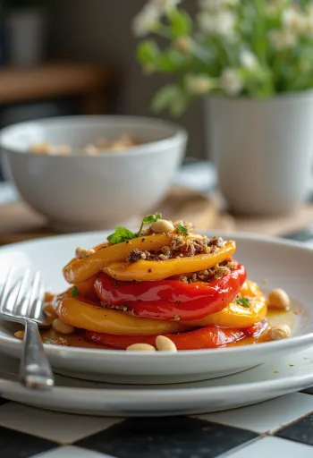 バルサミコ酢ドレッシングとローストした松の実を添えたパプリカのローストサラダ。