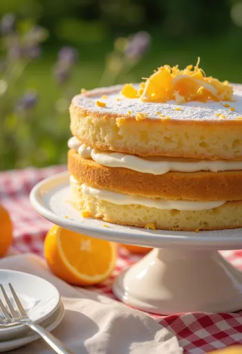 フレッシュなオレンジスライスを添えたオレンジスポンジケーキ