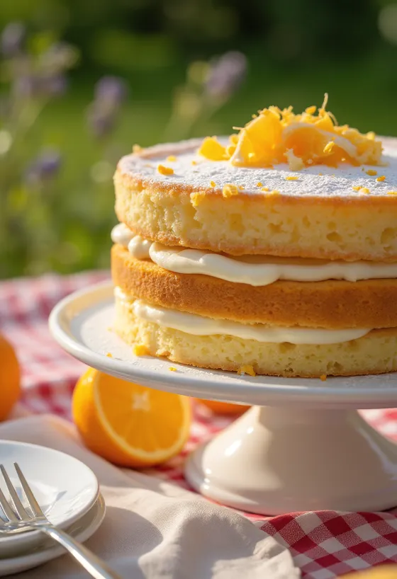 フレッシュなオレンジスライスを添えたオレンジスポンジケーキ