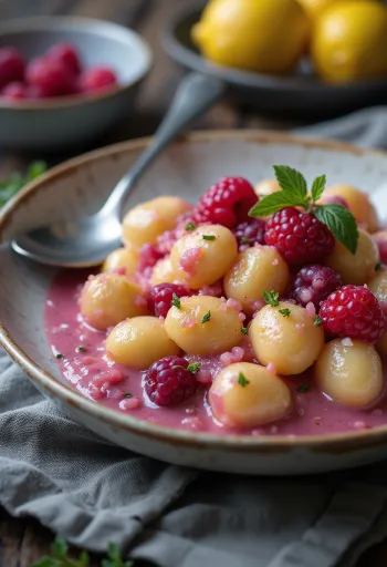 盛り付けられた赤い果実とマスカルポーネのニョッキ