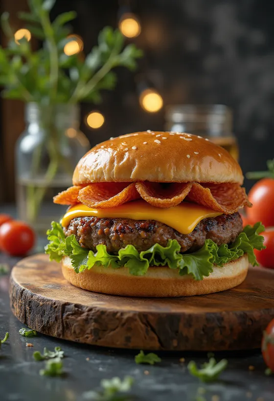 カリカリに焼いたサラミとビーフパティのバーガー