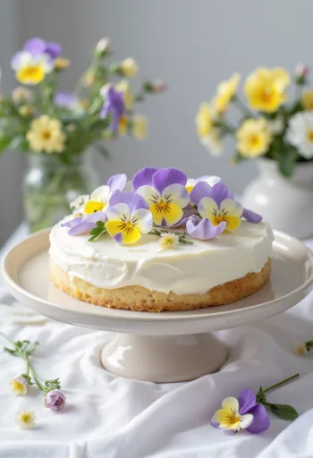 エディブルフラワーで飾られた春の花のケーキ
