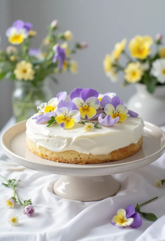 エディブルフラワーで飾られた春の花のケーキ
