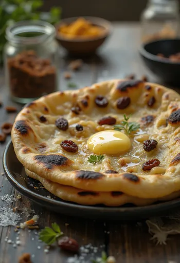 盛り付けられたカルダモンとレーズンのナン