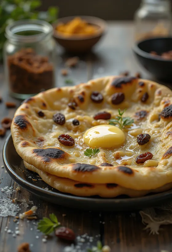 盛り付けられたカルダモンとレーズンのナン