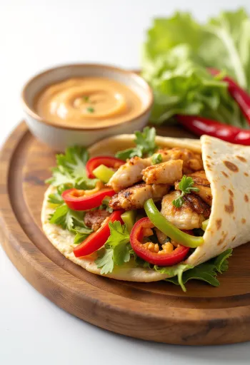 グリルチキン、チリ、パプリカ、サラダを詰め、クリーミーなソースを添えたスパイシーラップ