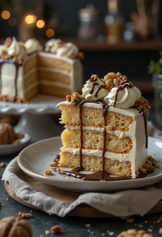 盛り付けられた栗とくるみのケーキ