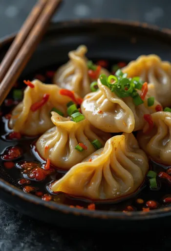白い磁器の皿に盛り付けられた、辛いチリオイルに入った中国の水餃子