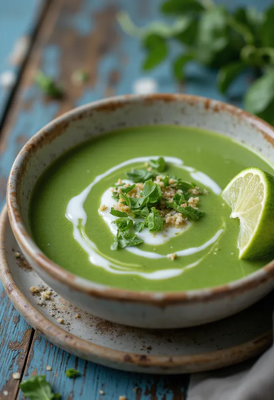 盛り付けられたココナッツミルクのほうれん草クリームスープ