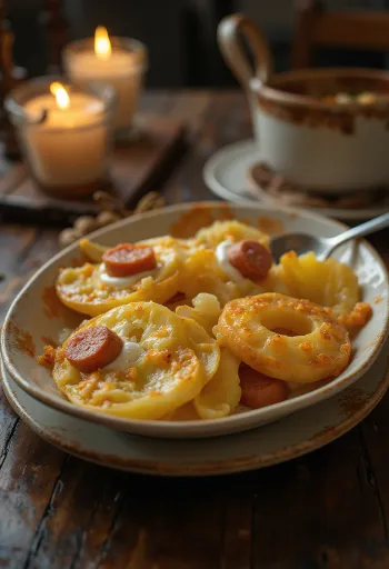 ソーセージと卵を重ね、上にサワークリームをかけたジャガイモの重ね焼き