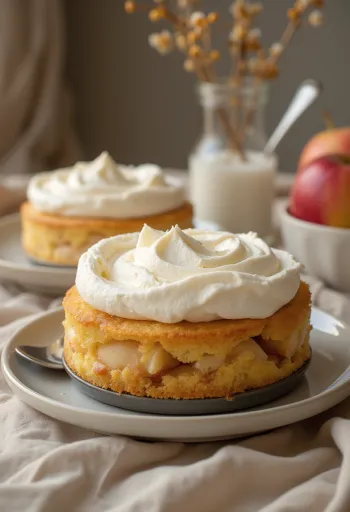 ホイップクリームとリンゴのスライスを添えたリンゴのクリームケーキ
